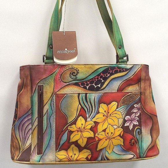ANUSCHKA Women's Hand Painted Leather Tribal Lily Tote Bag w
